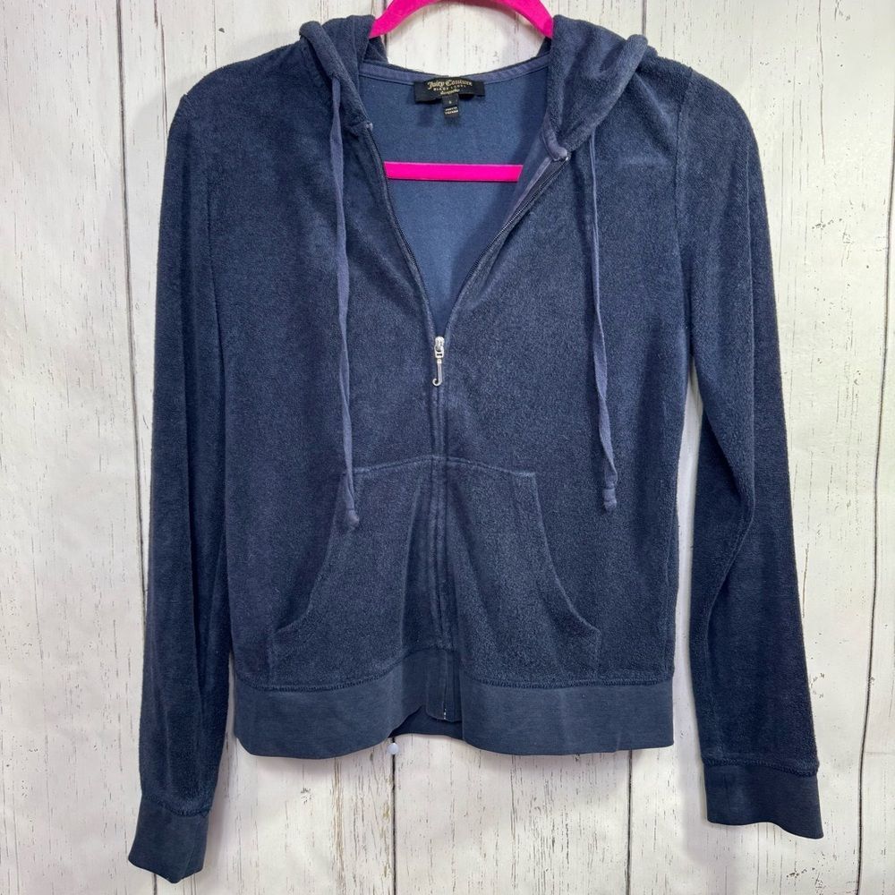 Juicy Couture Black Label Navy Blue Velour Zip Hoodie Small Y2K Loungewear Cozy